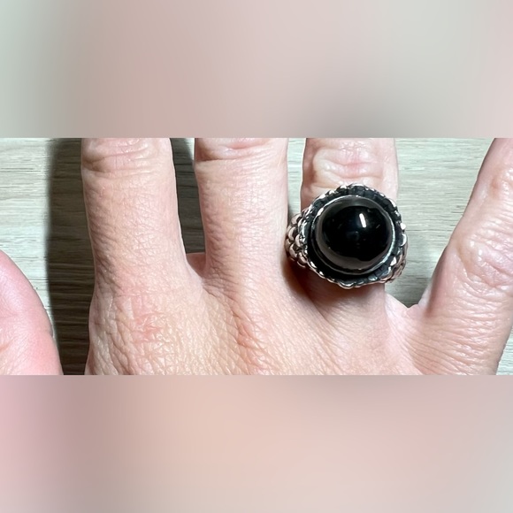 Vintage Designer Dian Malouf Sterling Silver Chunky Textured Onyx Ring, Size 7 - Picture 8 of 11